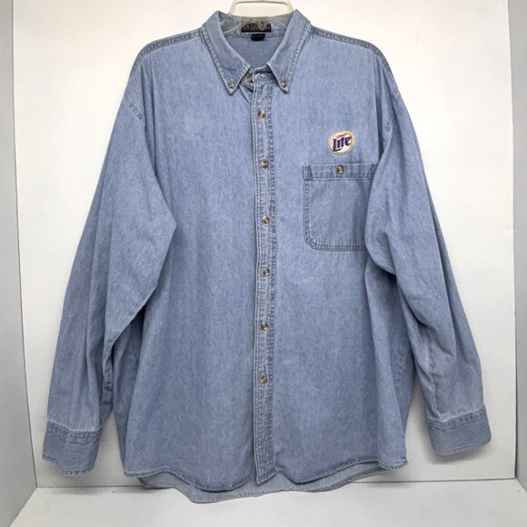 Vintage Miller Lite Embroidered Logo Button Down Long Sleeve Jean Shirt Men's XL - Picture 2 of 5